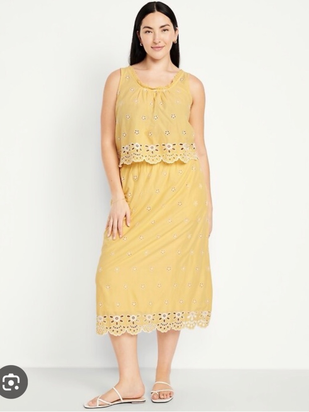 Old Navy Yellow Eyelet Top and Midi Skirt with Scalloped Hem